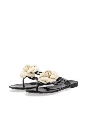 Chanel Coco Mark Camellia Rubber Sandals 35 Black And White
